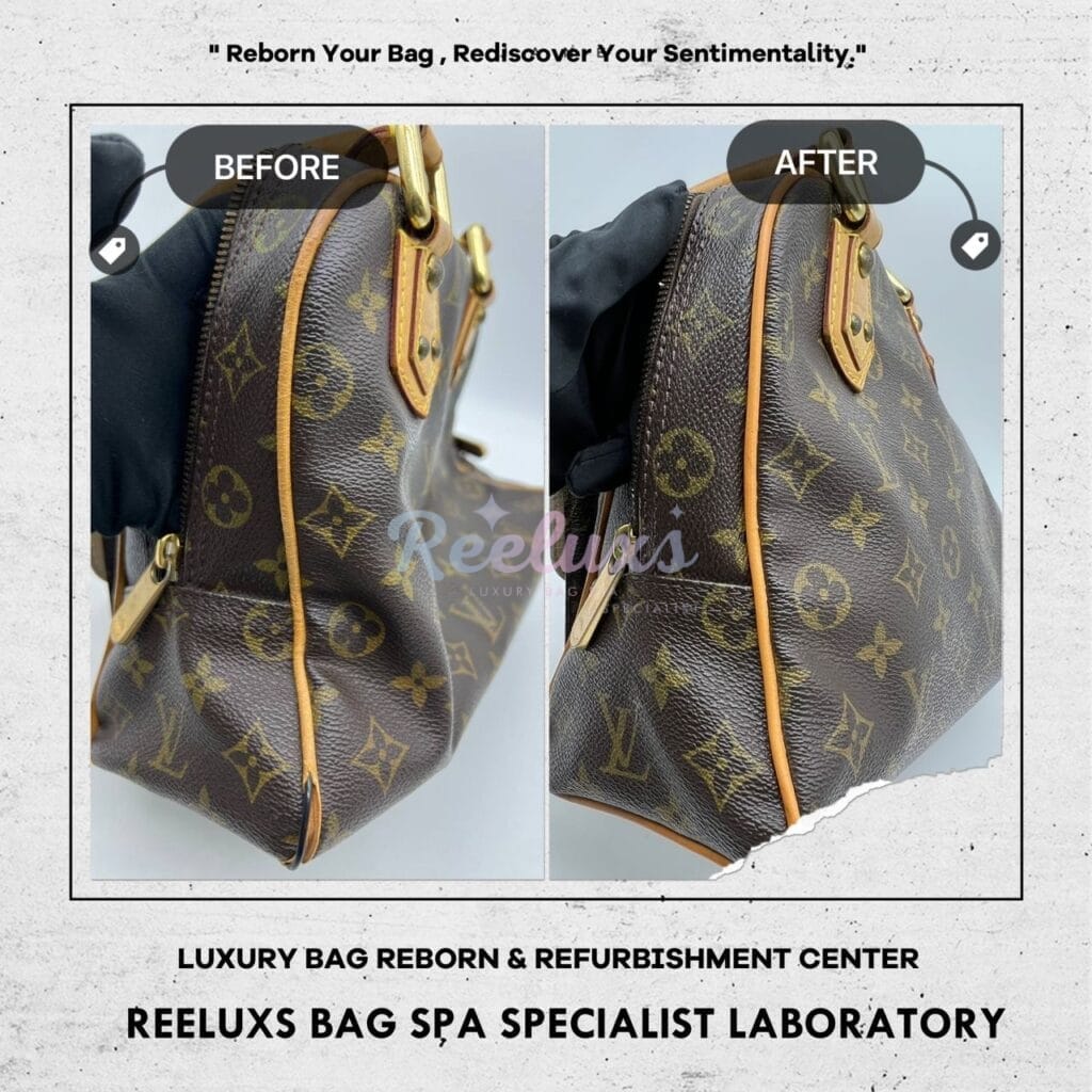 Manhattan PM Monogram Canvas Top Handle Bag Vachetta Pipping Cracked Tear Off — frame 2