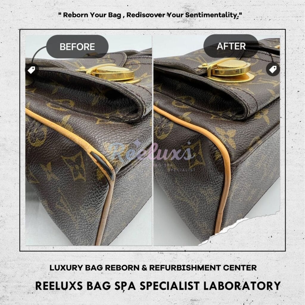 LOUIS VUITTON Manhattan PM Monogram Canvas Top Handle Bag Vachetta Pipping Cracked Tear Off Replacement3