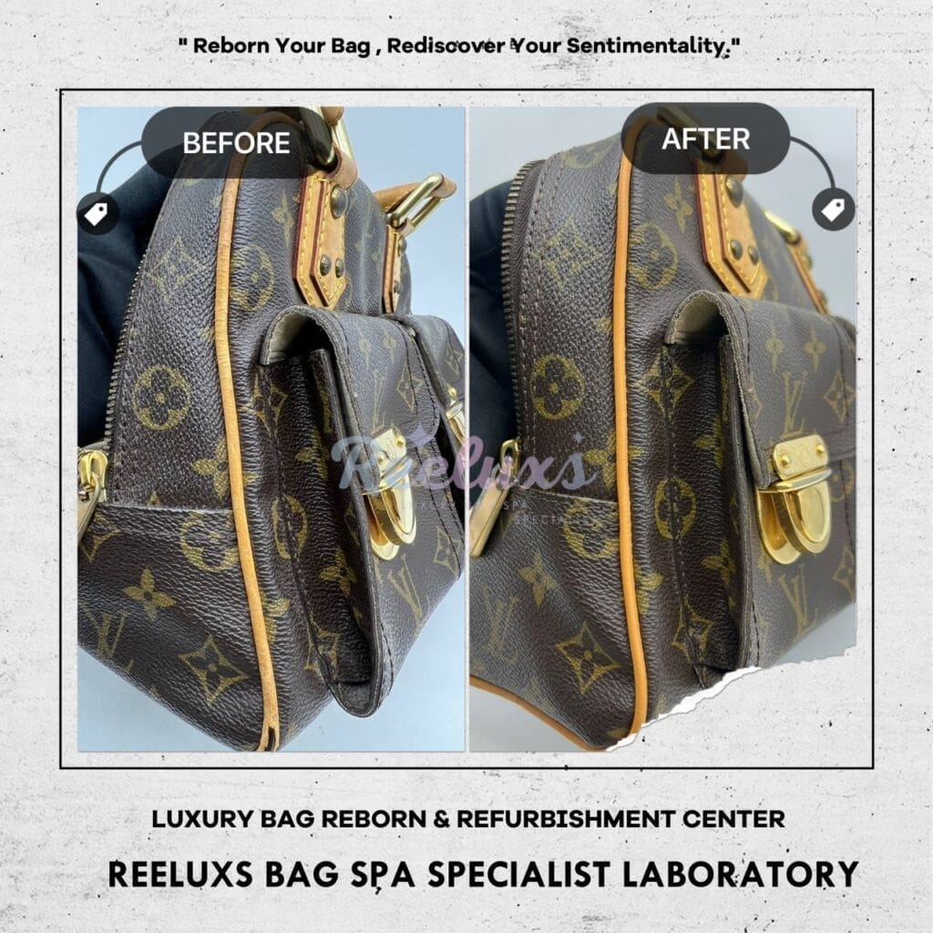 Manhattan PM Monogram Canvas Top Handle Bag Vachetta Pipping Cracked Tear Off — frame 4