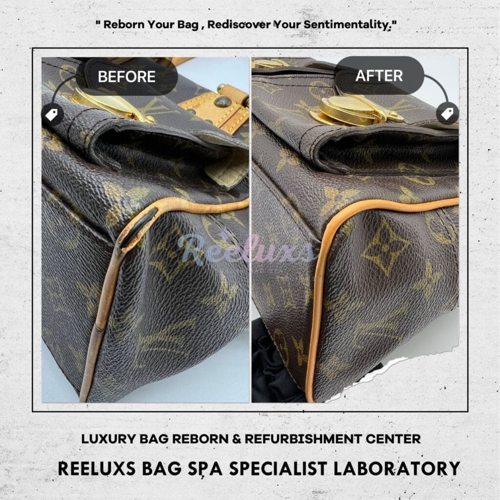 Manhattan PM Monogram Canvas Top Handle Bag Vachetta Pipping Cracked Tear Off — frame 5