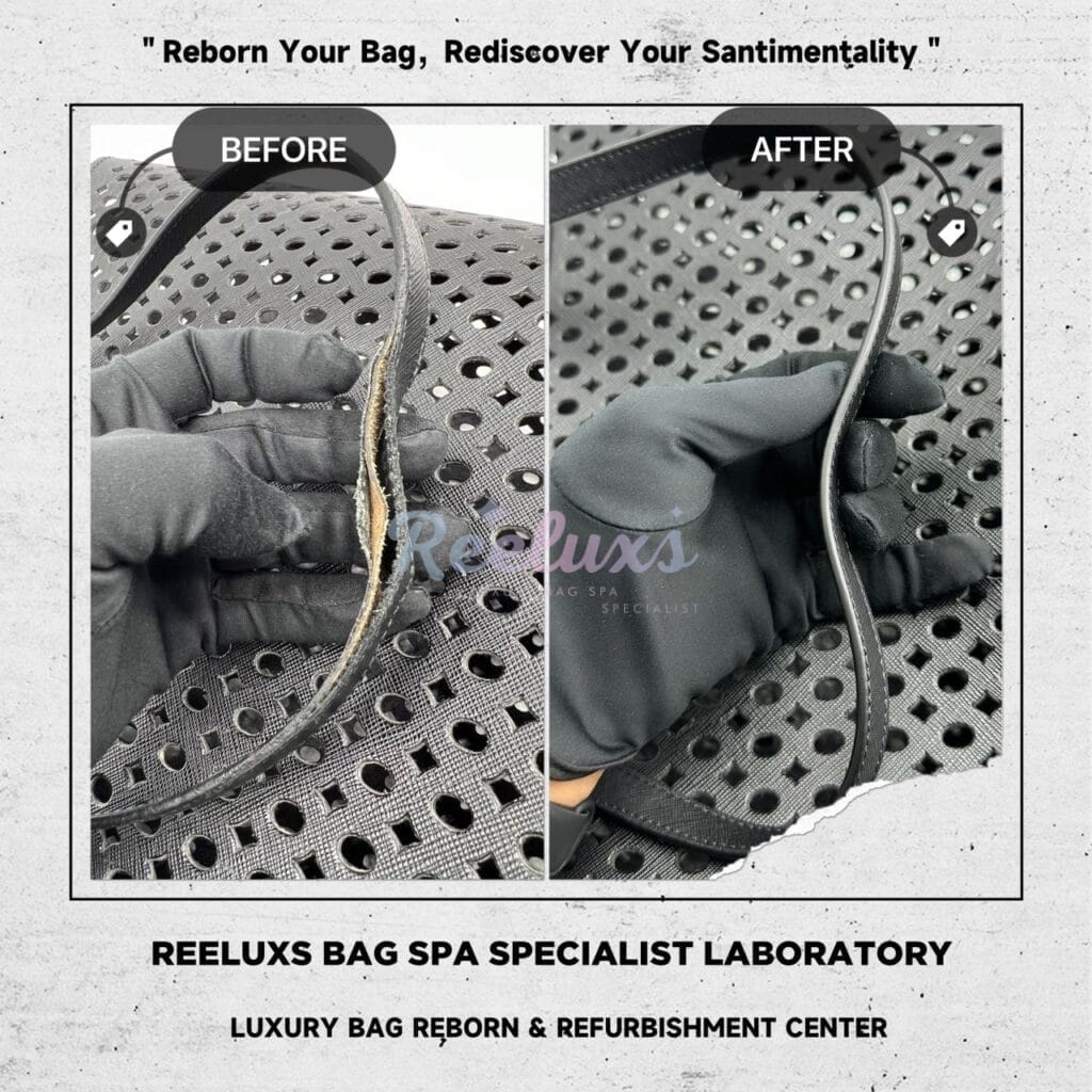 Black Saffiano Perforated Tote Bag Handle Heavy Wear & Tear Cracked Damaged — frame 3