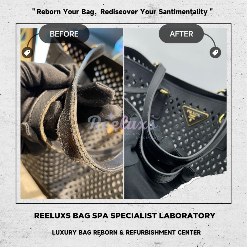 Black Saffiano Perforated Tote Bag Handle Heavy Wear & Tear Cracked Damaged — frame 4