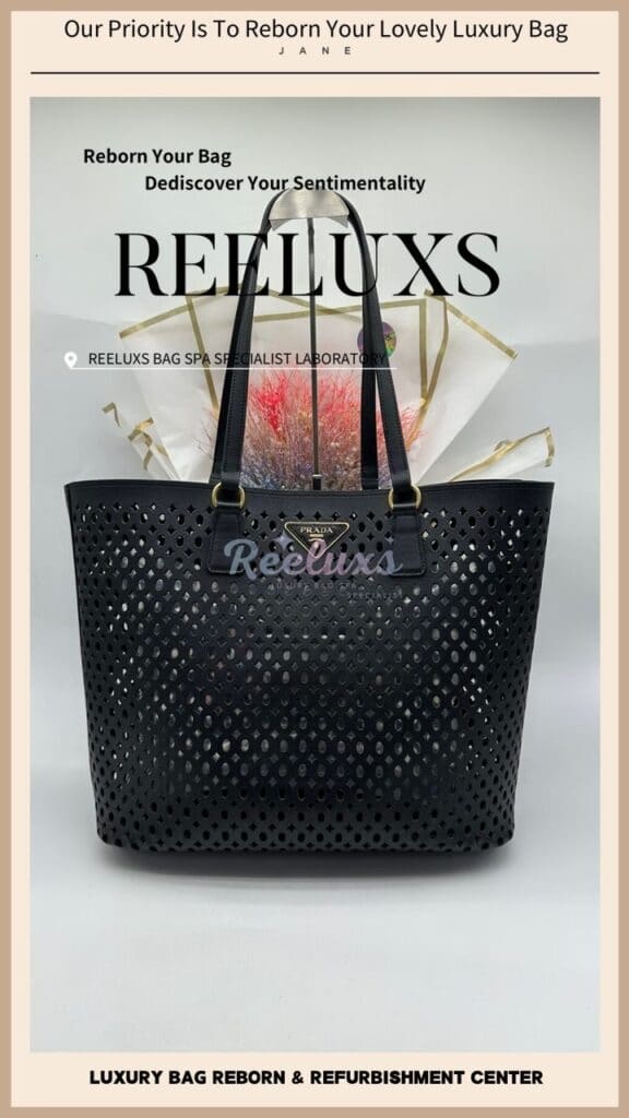 Black Saffiano Perforated Tote Bag Handle Heavy Wear & Tear Cracked Damaged — frame 5