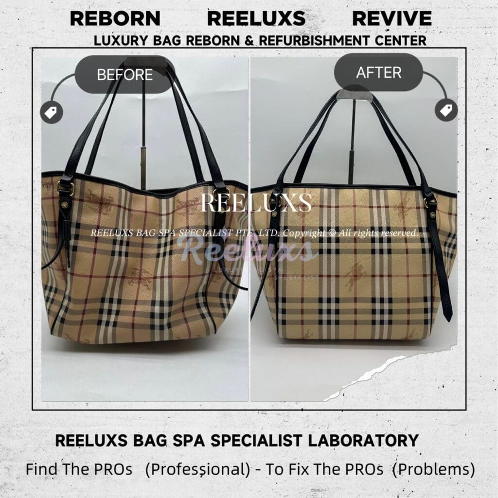 Haymarket Medium Coated Canvas With Black Leather Tote Bag Color Faded Canvas Have Heavy Pen Mark Stain Problem Replacement — frame 7