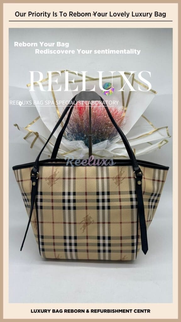 Haymarket Medium Coated Canvas With Black Leather Tote Bag Color Faded Canvas Have Heavy Pen Mark Stain Problem Replacement — frame 8