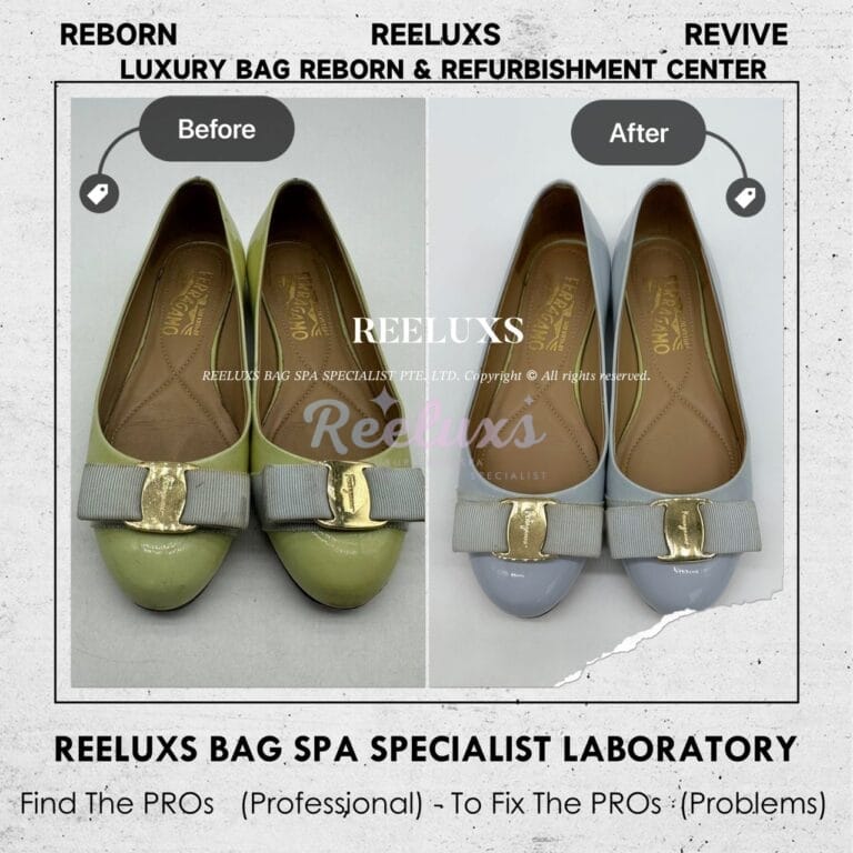 FERRAGAMO Baby Blue Varina Ballet Flat Foot Base Leather Scratches & Patent Color Oxidation Refurbishment