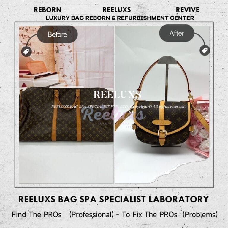 Louis Vuitton Monogram Keepall Handbag Vachetta Fully Stain & Scratches Customized To Saumur BB Monogram Design
