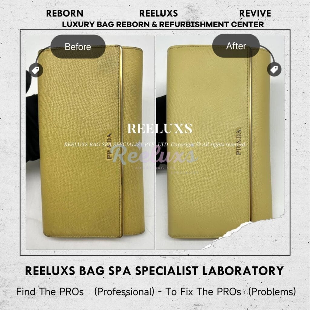Long Wallet In Yellow Saffiano Leather Color Faded Corner Damaged Restoration — frame 1