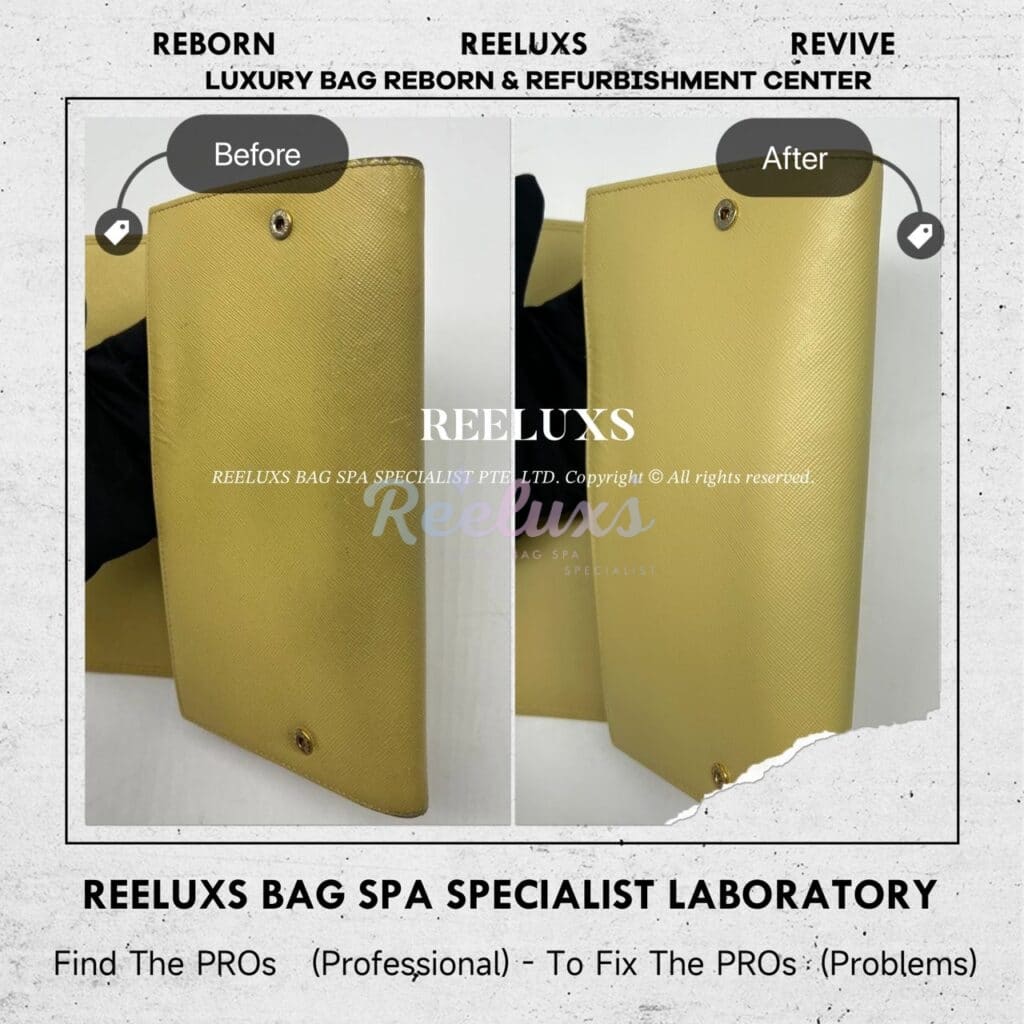 Long Wallet In Yellow Saffiano Leather Color Faded Corner Damaged Restoration — frame 4