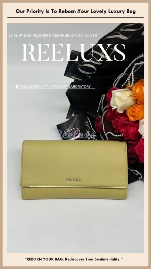 Long Wallet In Yellow Saffiano Leather Color Faded Corner Damaged Restoration — frame 11
