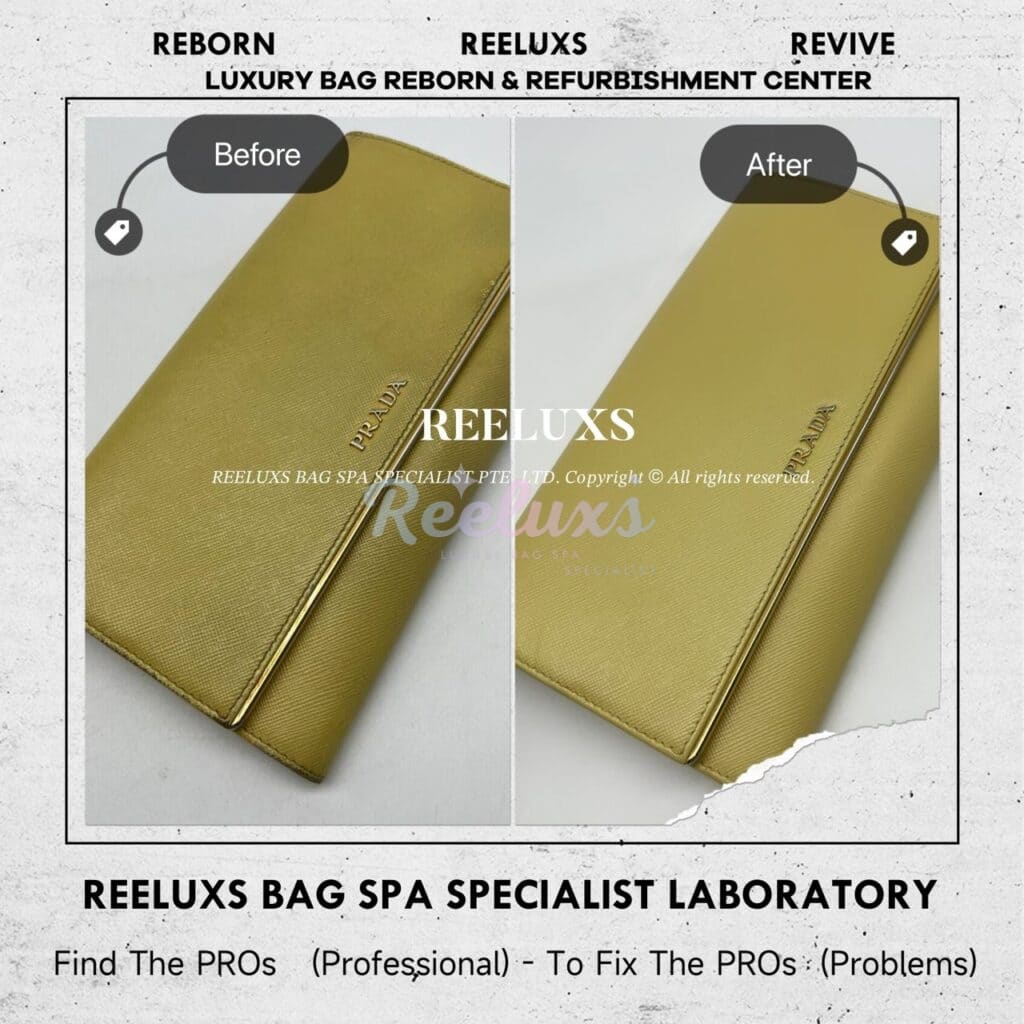 Long Wallet In Yellow Saffiano Leather Color Faded Corner Damaged Restoration — frame 9