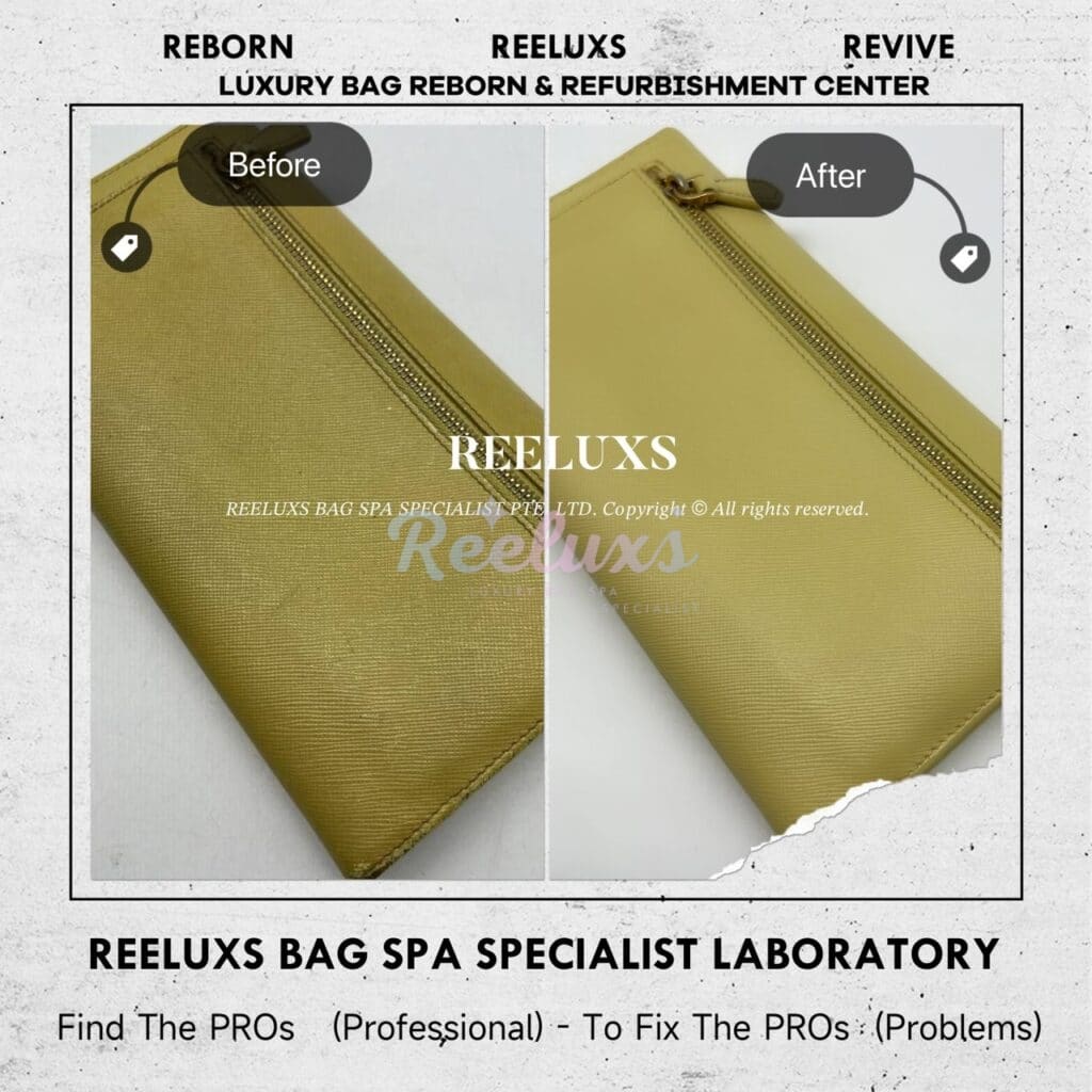Long Wallet In Yellow Saffiano Leather Color Faded Corner Damaged Restoration — frame 8
