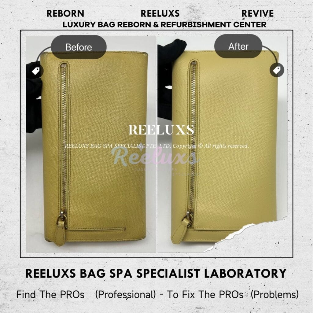 Long Wallet In Yellow Saffiano Leather Color Faded Corner Damaged Restoration — frame 10