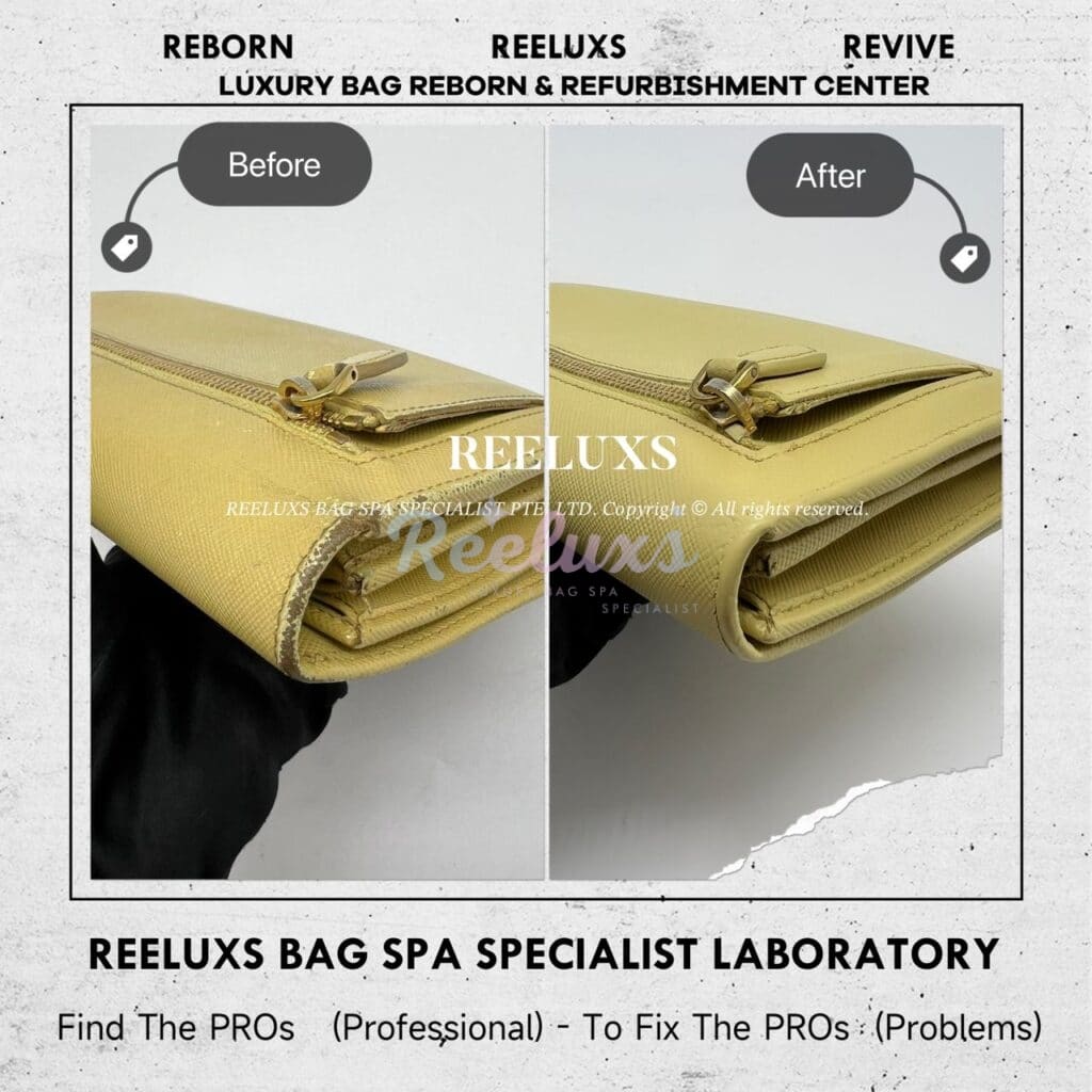 Long Wallet In Yellow Saffiano Leather Color Faded Corner Damaged Restoration — frame 6