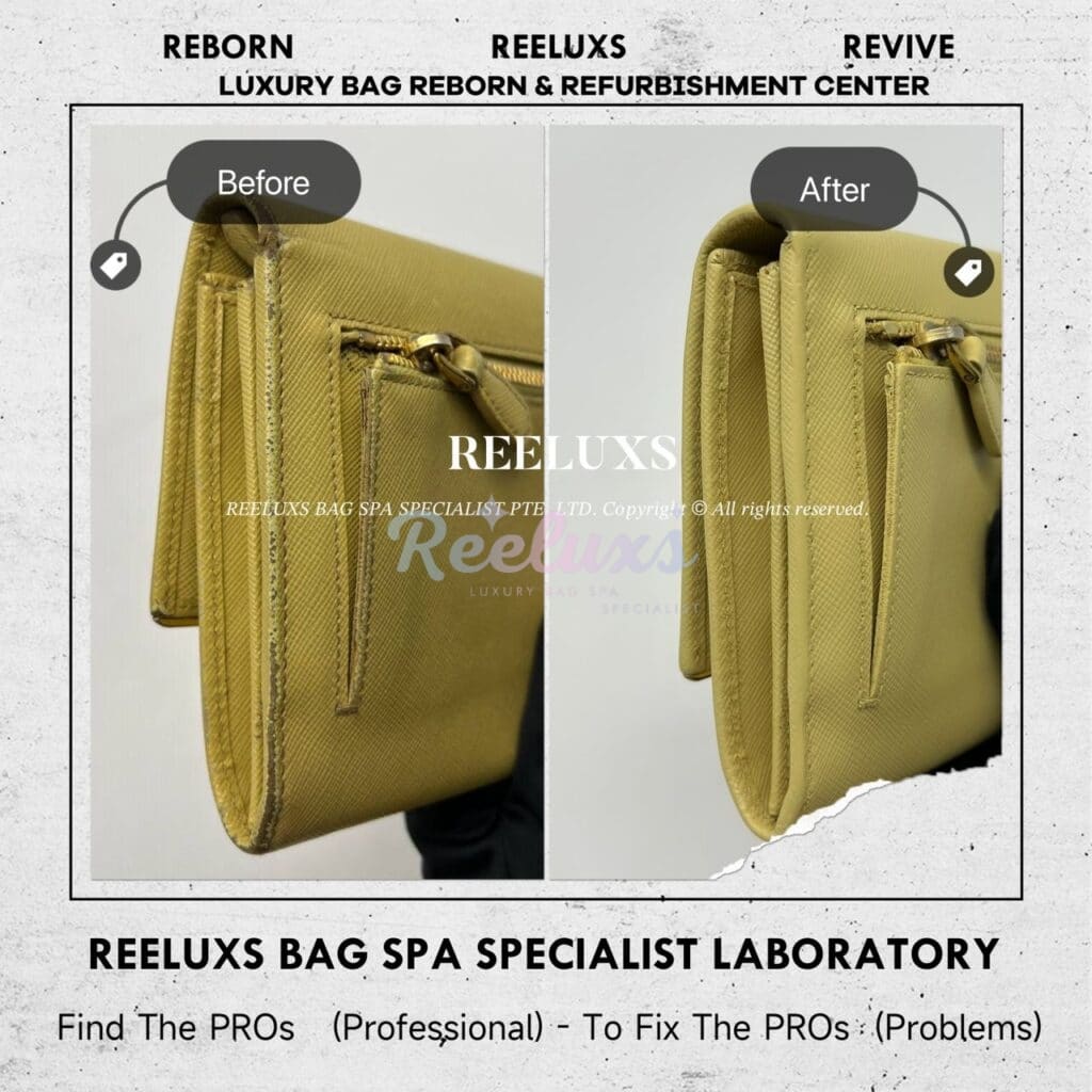 Long Wallet In Yellow Saffiano Leather Color Faded Corner Damaged Restoration — frame 5
