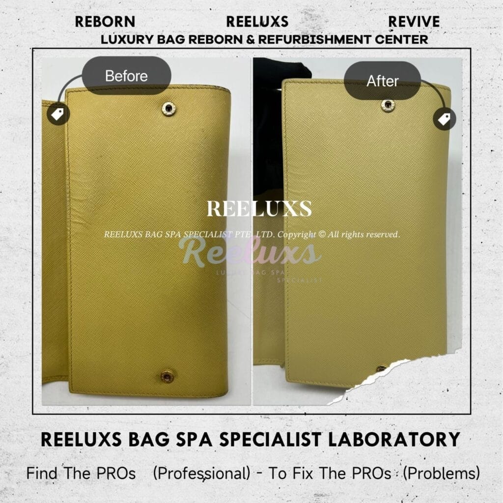 Long Wallet In Yellow Saffiano Leather Color Faded Corner Damaged Restoration — frame 7