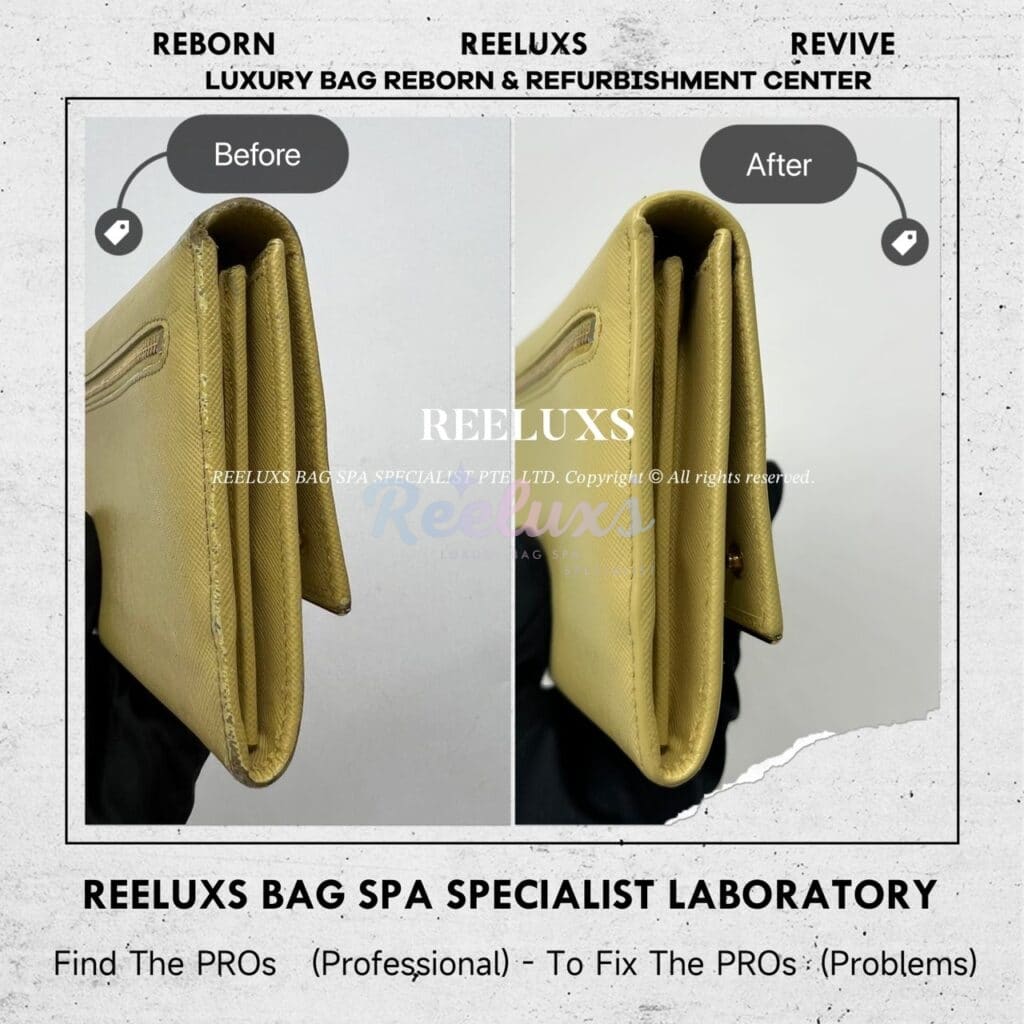 Long Wallet In Yellow Saffiano Leather Color Faded Corner Damaged Restoration — frame 3