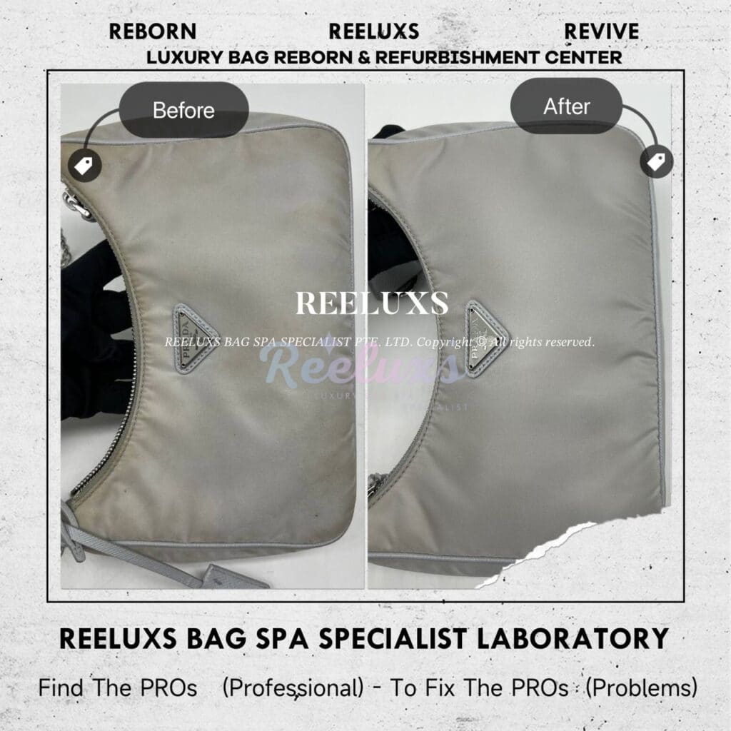 Re-Edition 2005 Re-Nylon Grey Bag Yellowish Stain Mark Nano Spa Treatment — frame 1