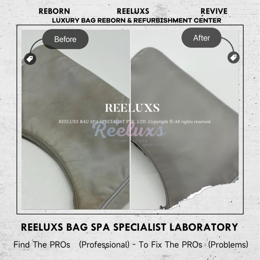 Re-Edition 2005 Re-Nylon Grey Bag Yellowish Stain Mark Nano Spa Treatment — frame 8