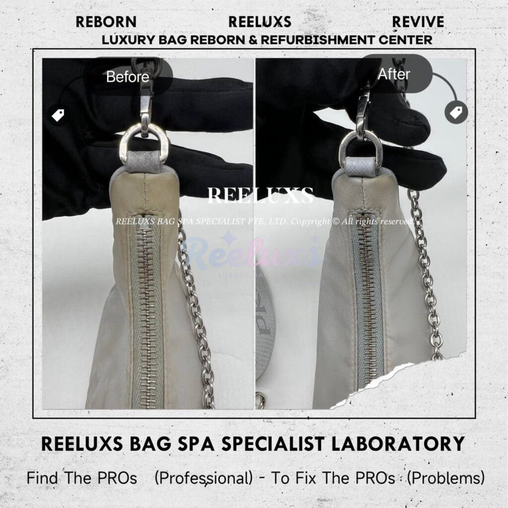 Re-Edition 2005 Re-Nylon Grey Bag Yellowish Stain Mark Nano Spa Treatment — frame 5