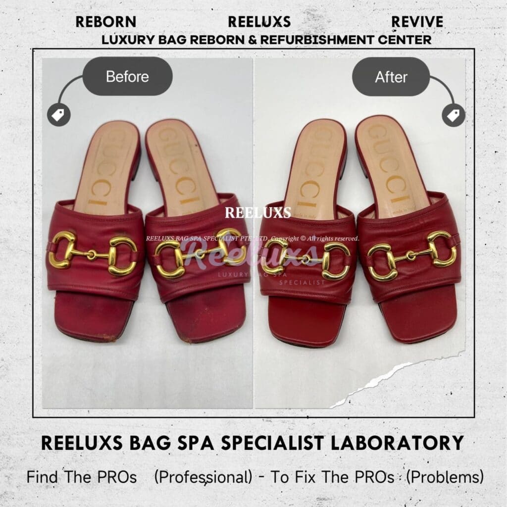 Horsebit Slide Flat Sandals Color Faded Leather Peel Off Corner Damaged Restorartion — frame 1