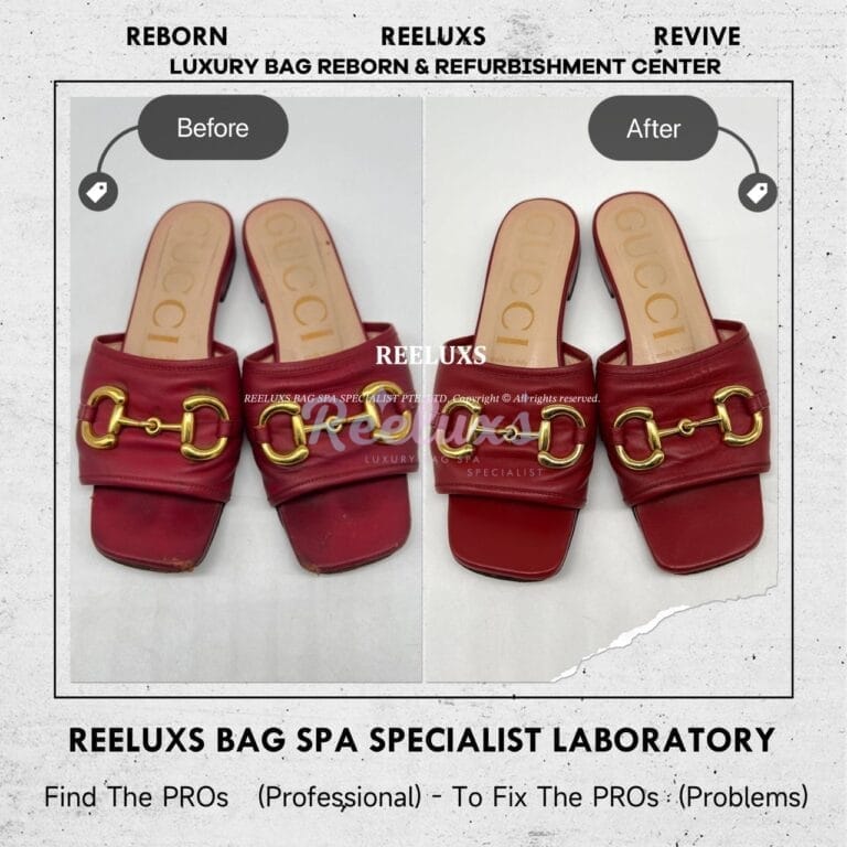 GUCCI Horsebit Slide Flat Sandals Color Faded Leather Peel Off Corner Damaged Restorartion
