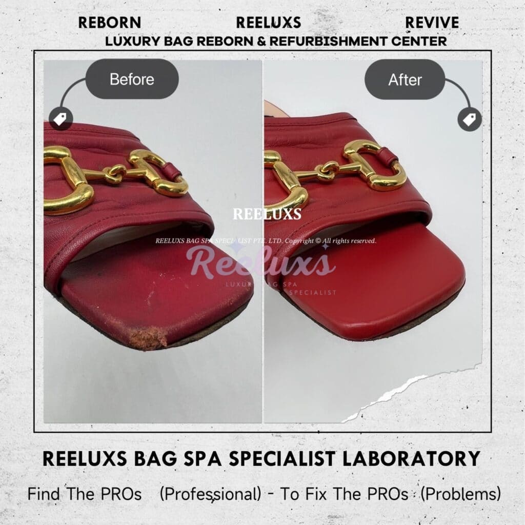 Horsebit Slide Flat Sandals Color Faded Leather Peel Off Corner Damaged Restorartion — frame 9