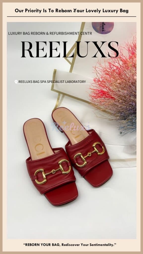 Horsebit Slide Flat Sandals Color Faded Leather Peel Off Corner Damaged Restorartion — frame 3