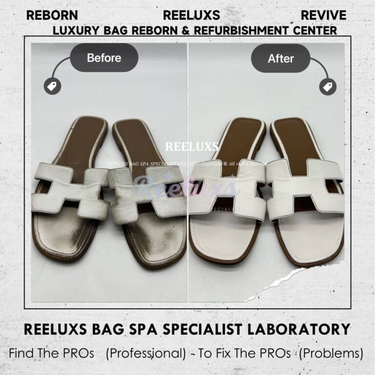 Hermès Oran White Color Sandals Foot Base Color Faded & Leather Scratches Color Restoration & Sole Heavy Wear & Tear Adding New Sole Layer