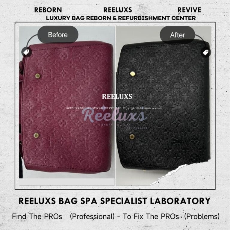 Louis Vuitton Montaigne Empreinte Red MM Handbag Handle Oil Edge Cracked Damaged Color Peel Off Change To Black Color Refurbishment
