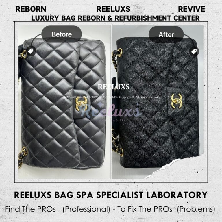 Chanel Lambskin Classic Double Flap Shoulder Bag Leather Fully Cracked Damaged Gold Hardware Oxidation 24K Gold Re-plating & Customised To Caviar Leather Refurbishment