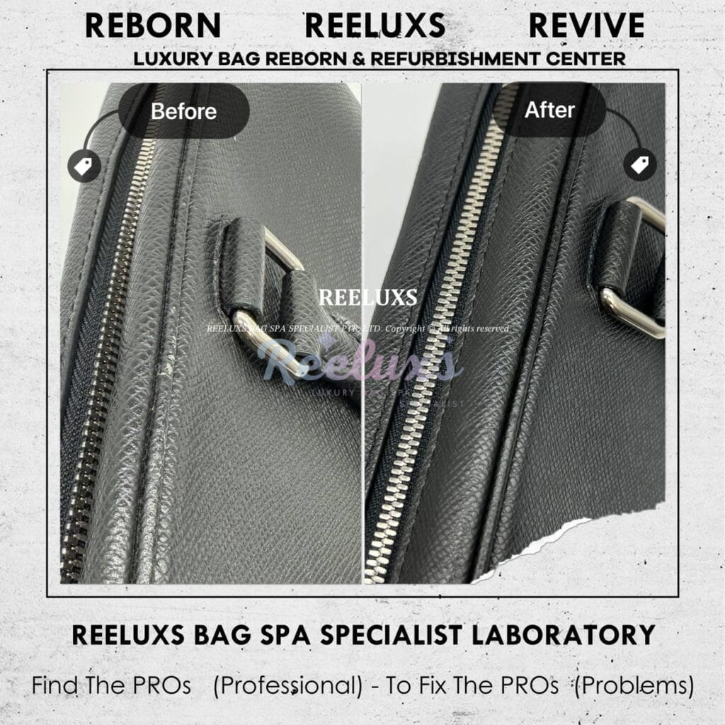 Taiga Leather Briefcase Color Faded Corner Color Peel Off Partly Restoration — frame 4