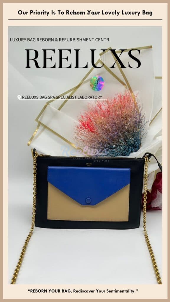 Tricolor Leather Pocket Envelope Flap Bag Zip Puller Broken Button Damaged — frame 2