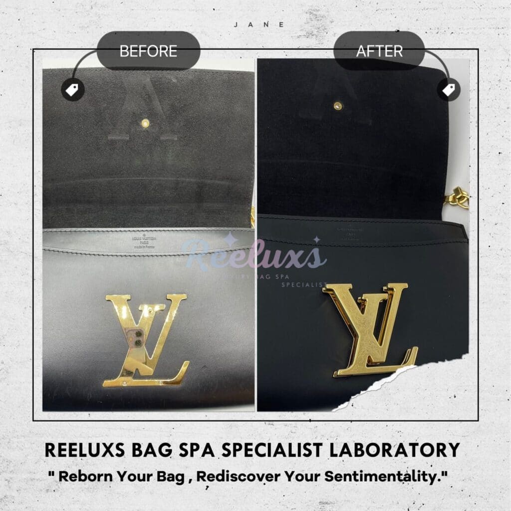Black Leather Sling Bag Logo Button Lock Damaged Repairing — frame 4