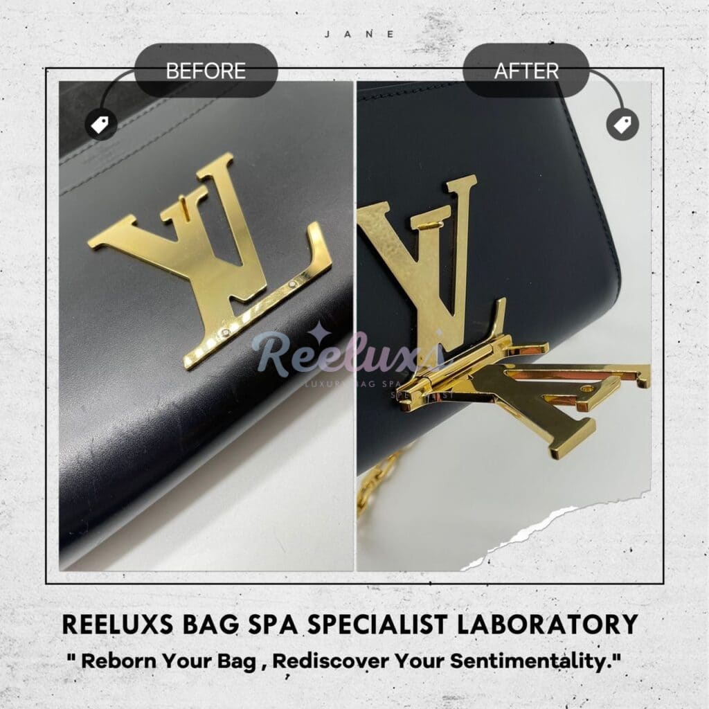 Black Leather Sling Bag Logo Button Lock Damaged Repairing — frame 3