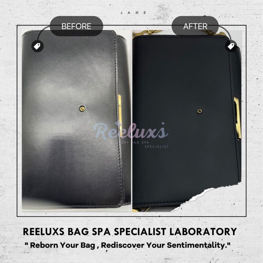 Black Leather Sling Bag Logo Button Lock Damaged Repairing — frame 5