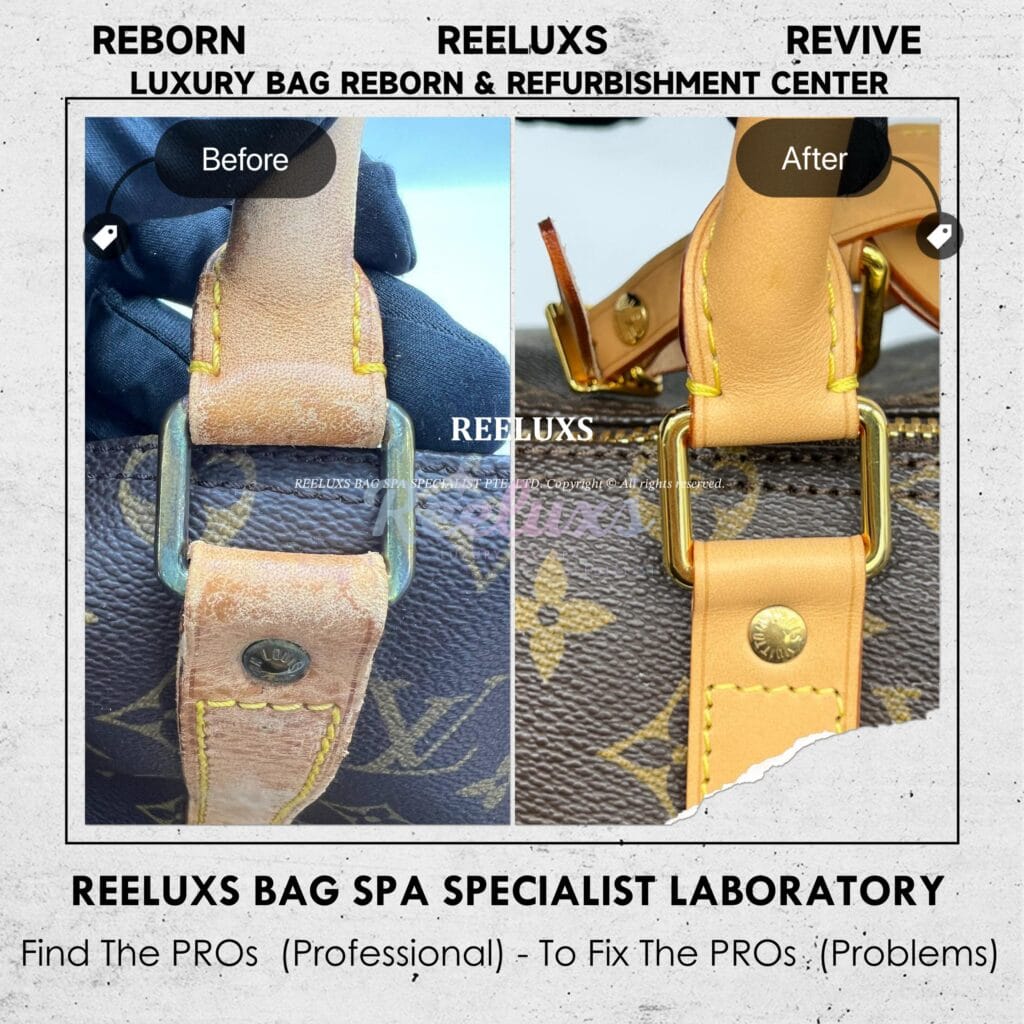 Keepall Monogram Canvas Bag Vachetta Peel Off Metal Hardware Tarnish & Rusty Problem 24K Metal Gold-plating Refurbishment — frame 3