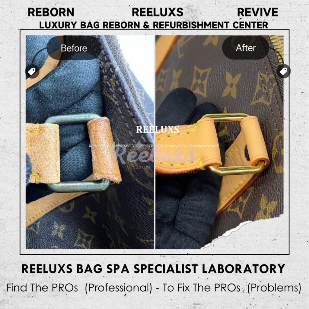 Keepall Monogram Canvas Bag Vachetta Peel Off Metal Hardware Tarnish & Rusty Problem 24K Metal Gold-plating Refurbishment — frame 2