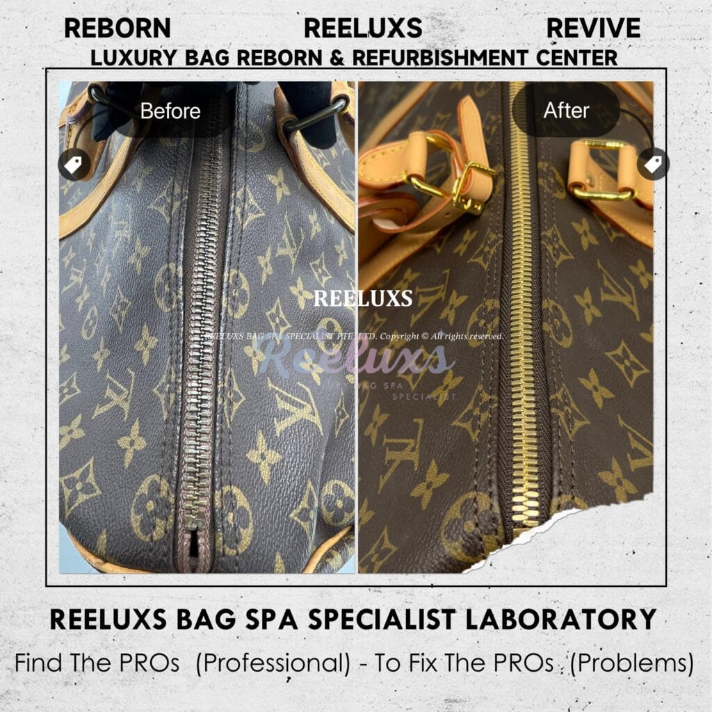 Keepall Monogram Canvas Bag Vachetta Peel Off Metal Hardware Tarnish & Rusty Problem 24K Metal Gold-plating Refurbishment — frame 5