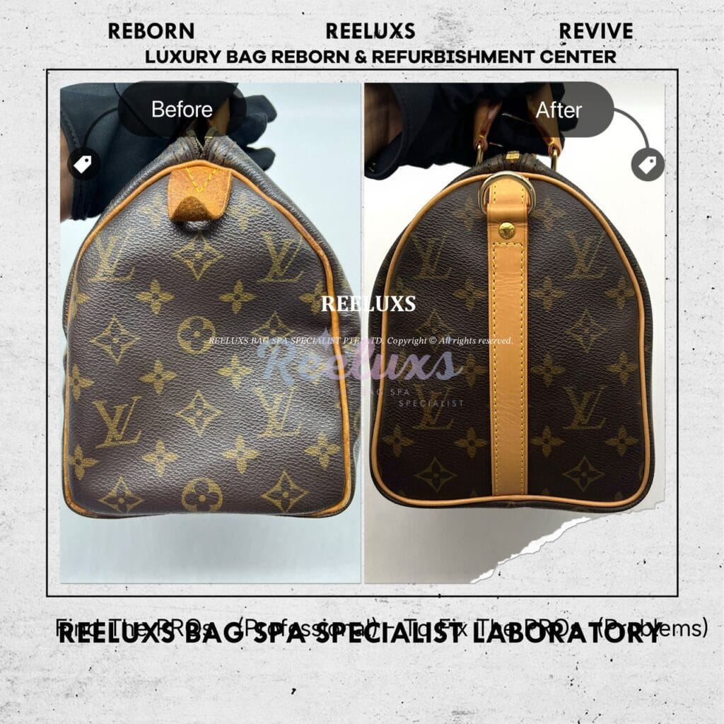 Speedy Monogram Canvas Handbag Entire Vachetta Fully Stain & Crack Customized Long Strap Refurbishment — frame 7