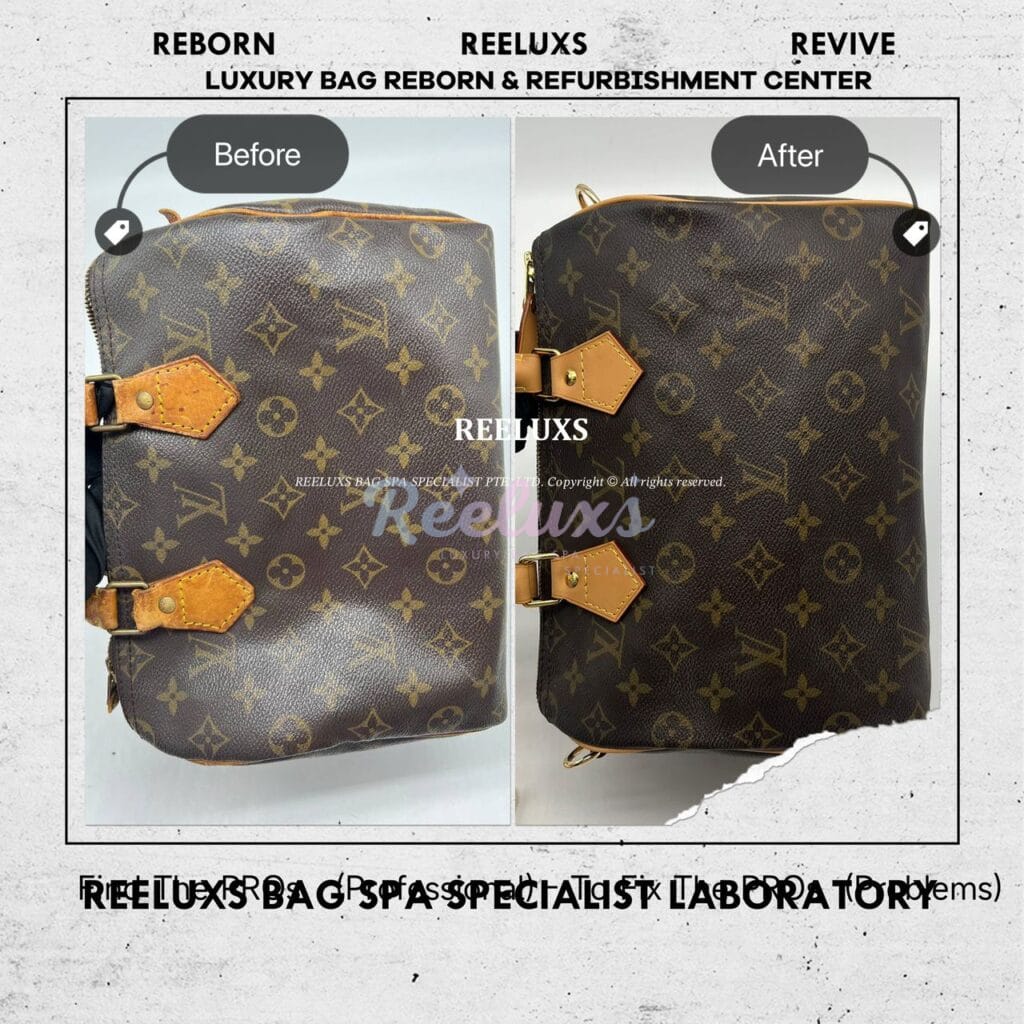 Speedy Monogram Canvas Handbag Entire Vachetta Fully Stain & Crack Customized Long Strap Refurbishment — frame 6