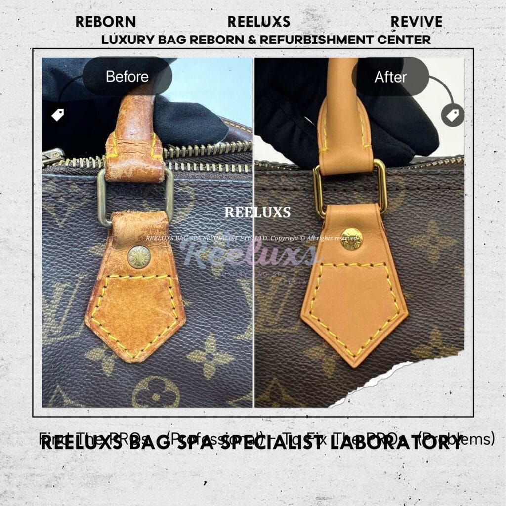 Speedy Monogram Canvas Handbag Entire Vachetta Fully Stain & Crack Customized Long Strap Refurbishment — frame 12