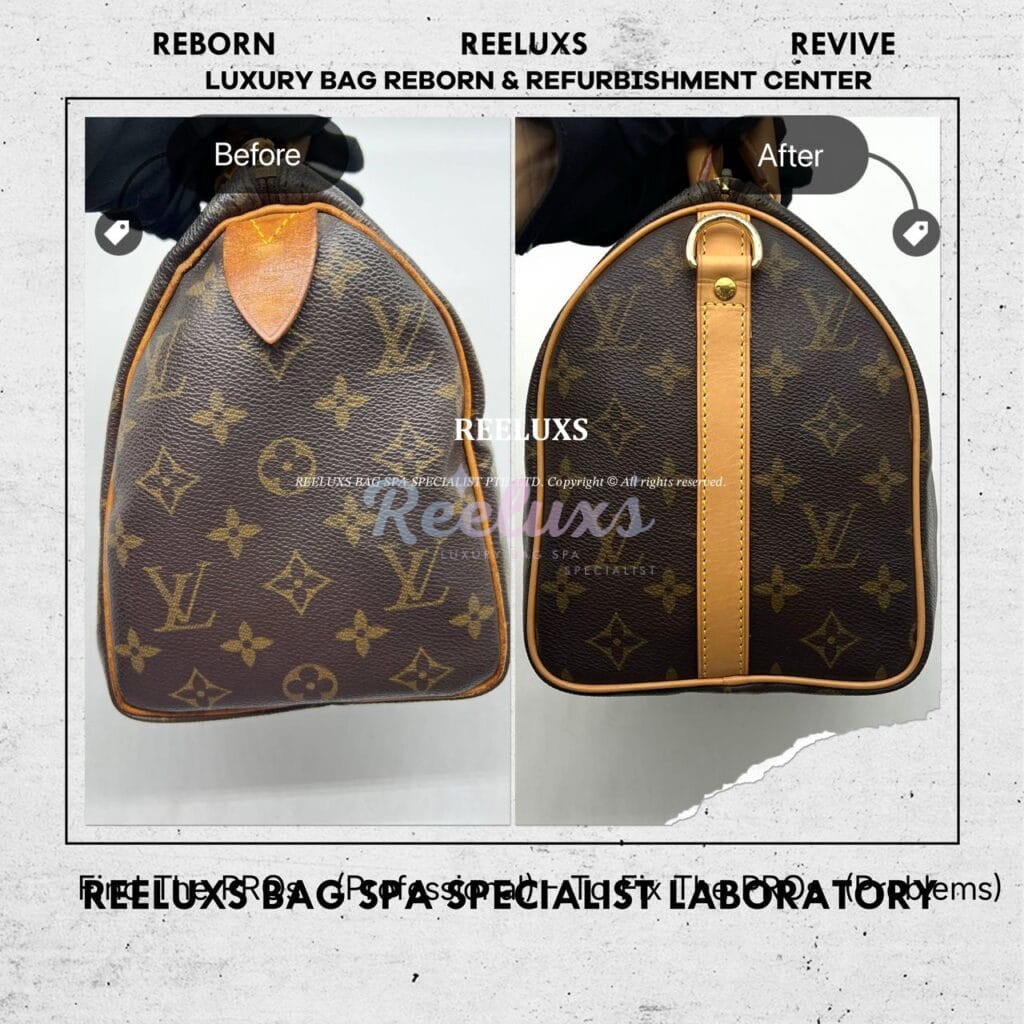Speedy Monogram Canvas Handbag Entire Vachetta Fully Stain & Crack Customized Long Strap Refurbishment — frame 1