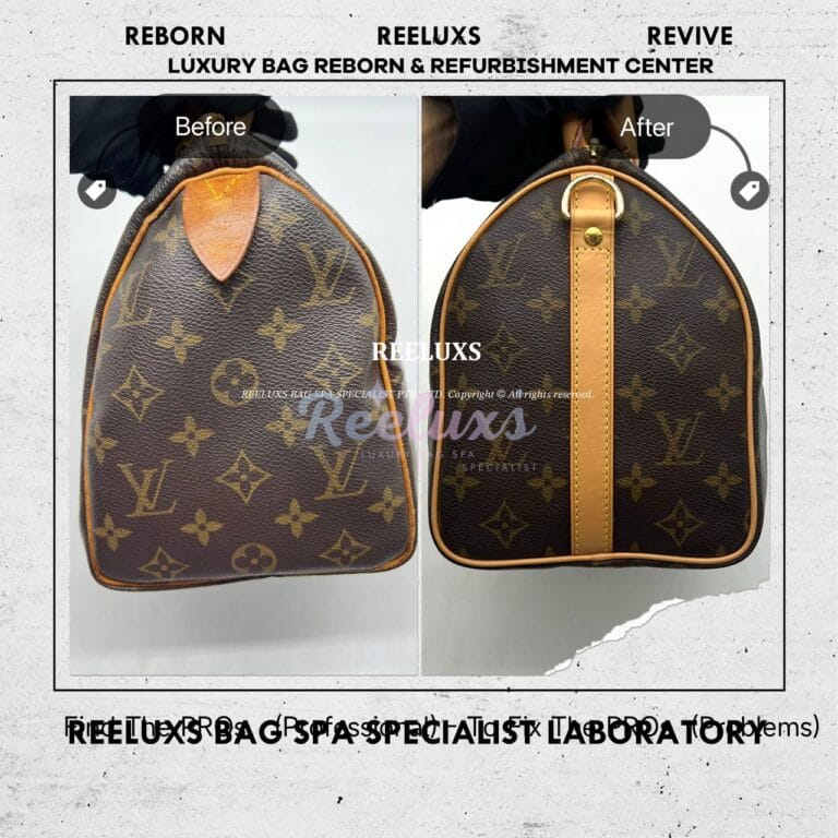 Louis Vuitton Speedy Monogram Canvas Handbag Entire Vachetta Fully Stain & Crack Customized Long Strap Refurbishment