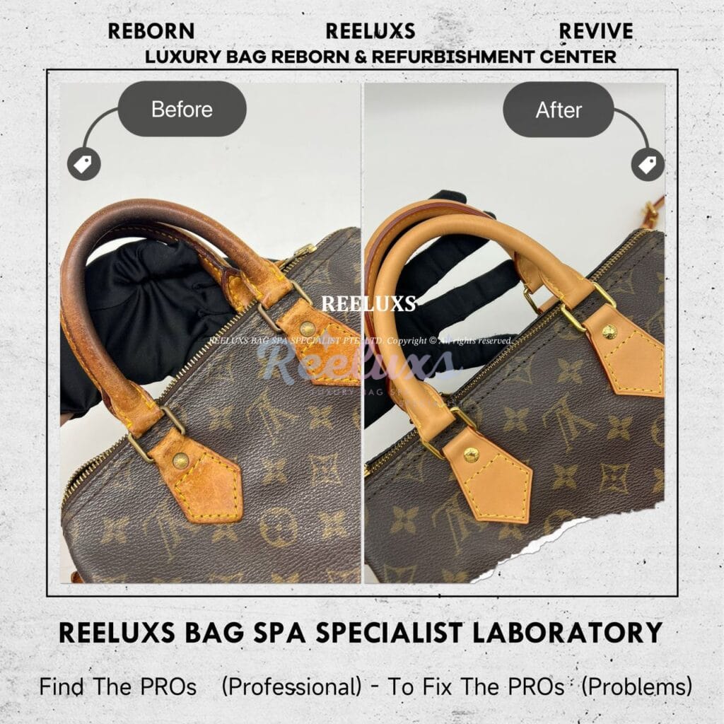 Speedy Monogram Canvas Handbag Entire Vachetta Fully Stain & Crack Customized Long Strap Refurbishment — frame 3