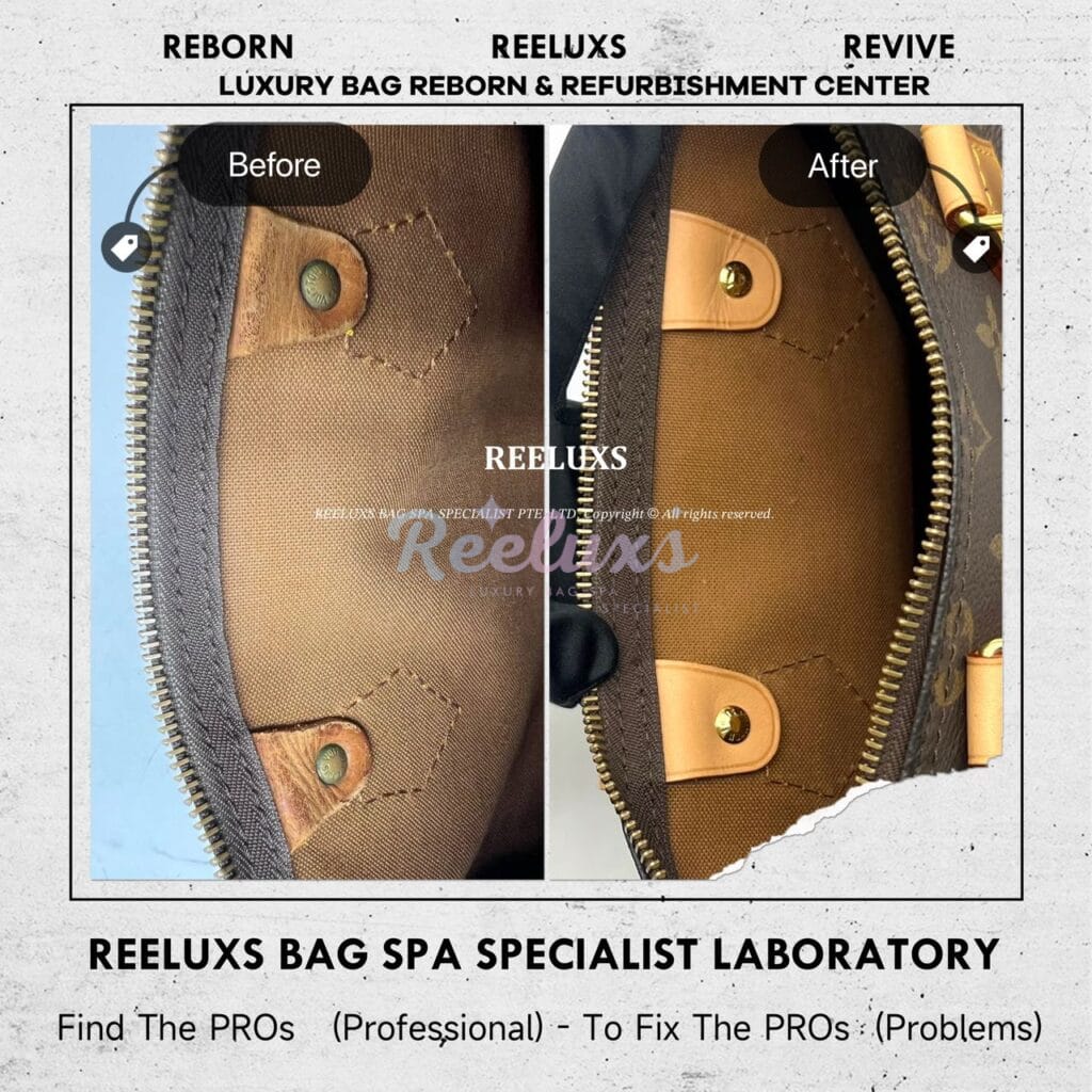 Speedy Monogram Canvas Handbag Entire Vachetta Fully Stain & Crack Customized Long Strap Refurbishment — frame 13