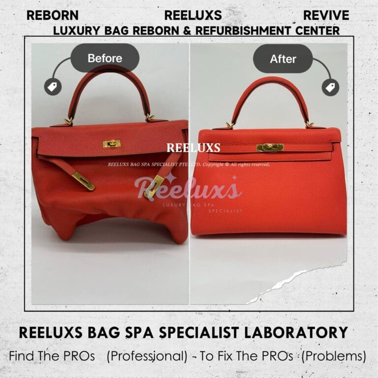 HERMES Kelly Two Way Orange Feu Swift Leather Bag Color Faded Chemical Damaged Refurbishment