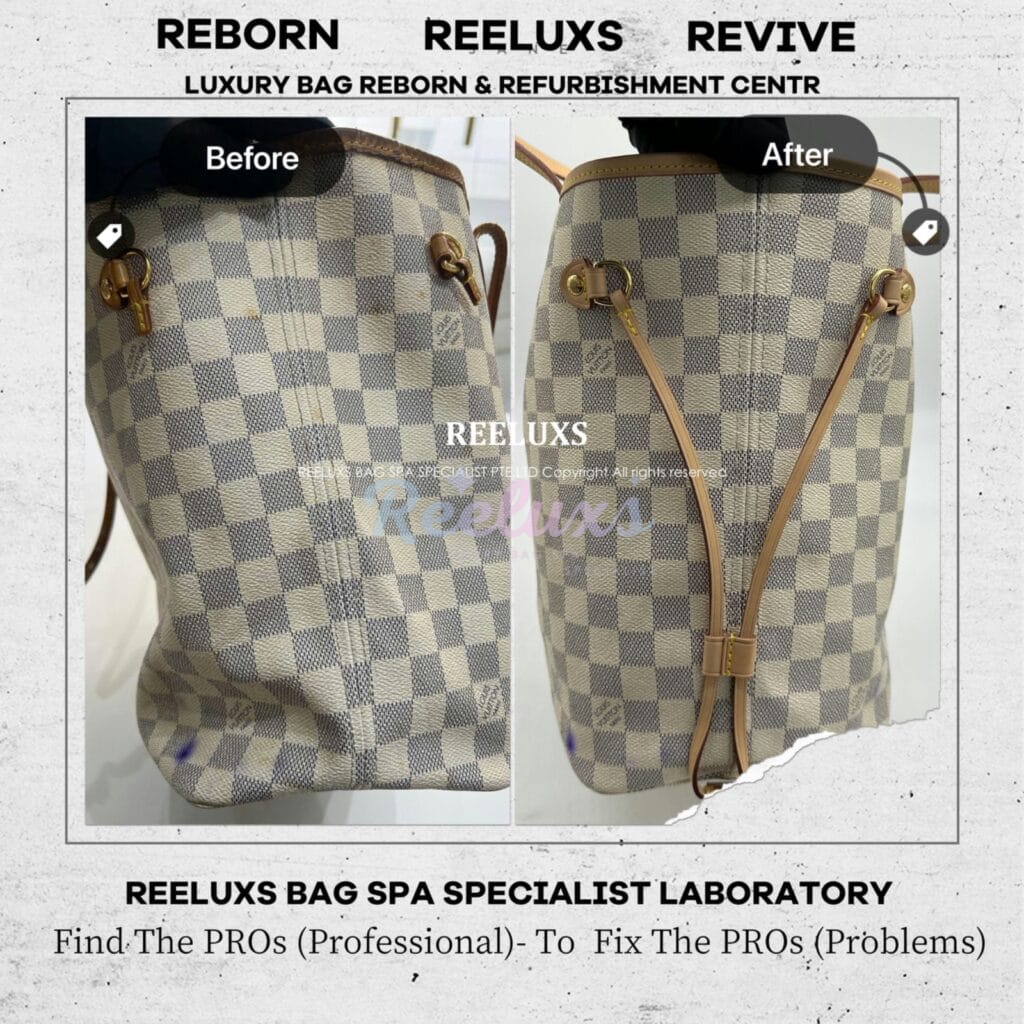 Neverfull Damier Azur Inner Heavy Yellowish Mold Stain Problem Nano Treatment Vachetta Broken Oxidation Refurbishment — frame 9