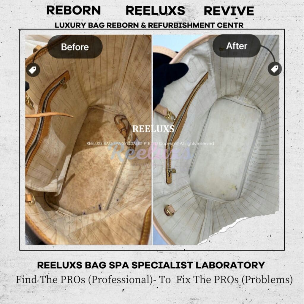 Neverfull Damier Azur Inner Heavy Yellowish Mold Stain Problem Nano Treatment Vachetta Broken Oxidation Refurbishment — frame 1