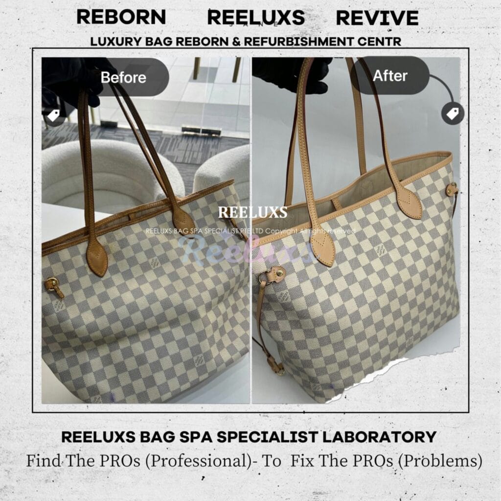 Neverfull Damier Azur Inner Heavy Yellowish Mold Stain Problem Nano Treatment Vachetta Broken Oxidation Refurbishment — frame 6